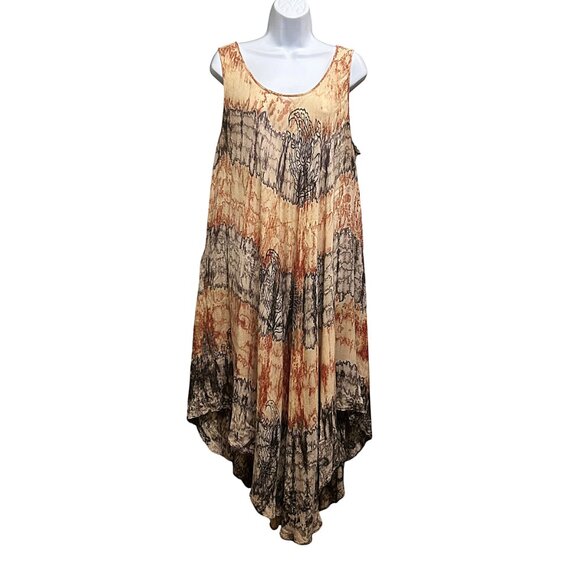 Papa Orange Brown Batik Style Pattern Tie Dye Flowy Resort Wear Dress Size OS - Picture 1 of 6